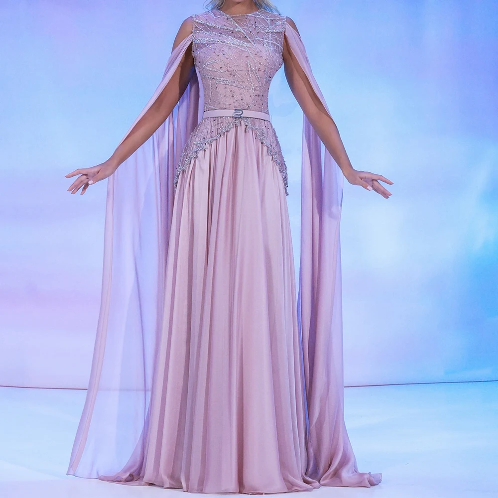 

Customized A-line Evening Dresses Floor-length O-neck Sleeveless Prom Gown Fashion Sequined Sashes Simple Draped Party Gown