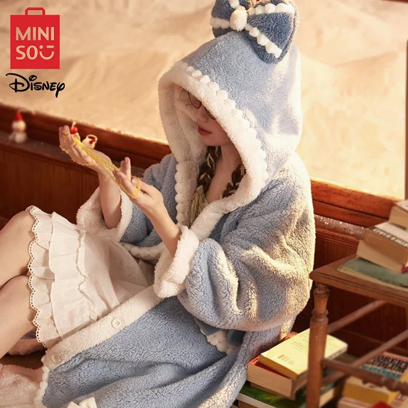 MINISO Disney Elsa Princess Robe Sets Women Cute Soft Comfortable Nightgown Kawaii Winter Thicken Coral Velvet Cartoon Home Suit