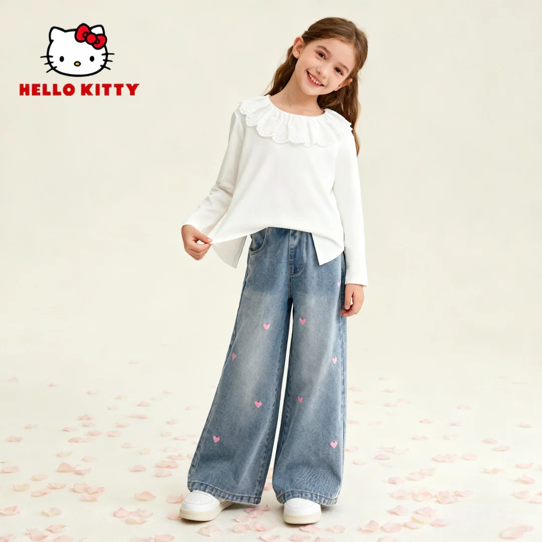 

Hello Kitty Kids Stylish Cute Boot-cut Jeans Girl Trendy Heart Embroidery Denim Trousers Spring Autumn Comfortable Fashion Pants