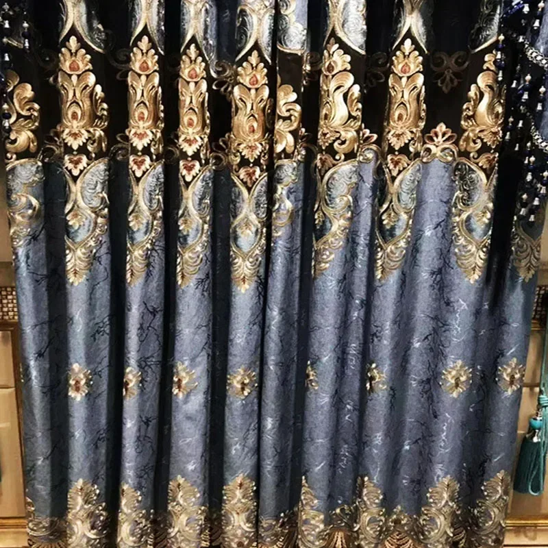 Luxury European Embroidery Retro Curtains For Living Room Bedroom Villa Palace Blue Door Window Drapes Water Soluble Blackout