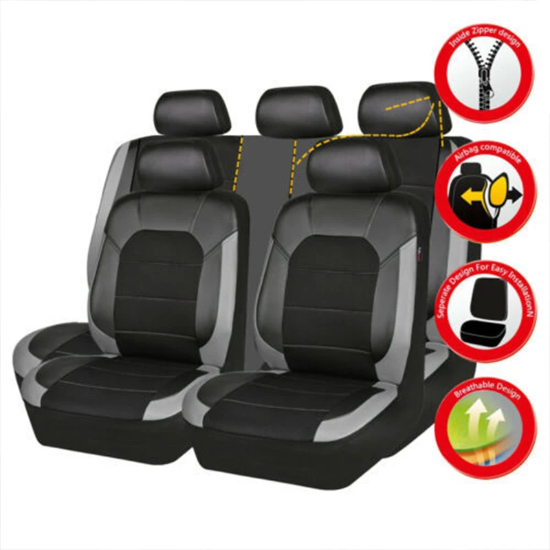 Universal Car Seat Covers 9PCS Full Set PU Leather Seat Covers Protection Auto Trucks Van SUV Accessories