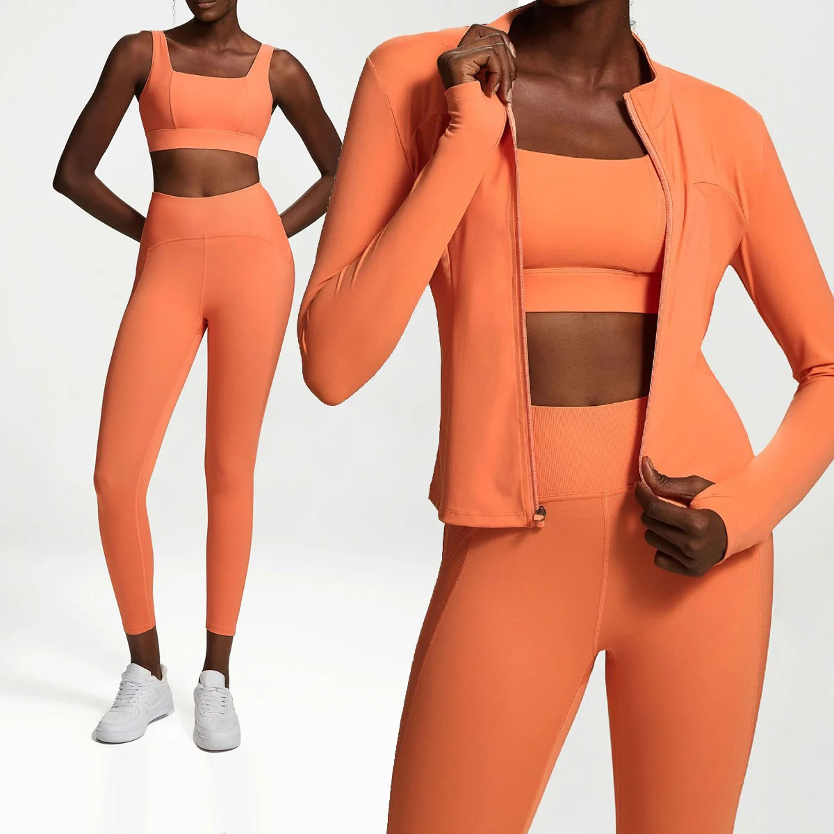 

Yoga Set 2/3 Pieces Fitness Women Solid Color Stretch Athletic Suit Sexy Bra Zipper Jacket High Waist Leggings Female Sportswear