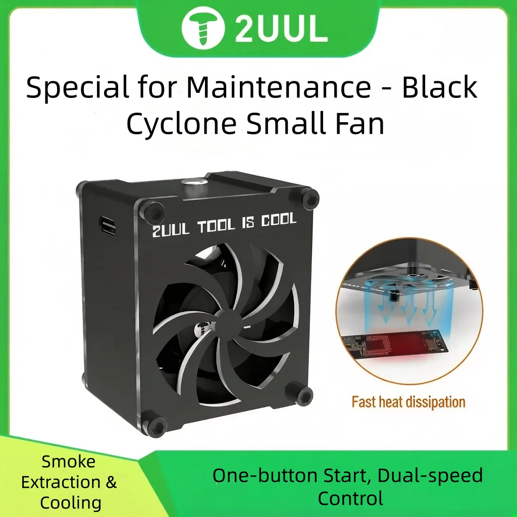 2UUL Repair Tool Black Cyclone Small Fan, One-Button Start & Dual-Speed, Fast Cooling in 10s, Smoke Extraction & Heat Dissipatio