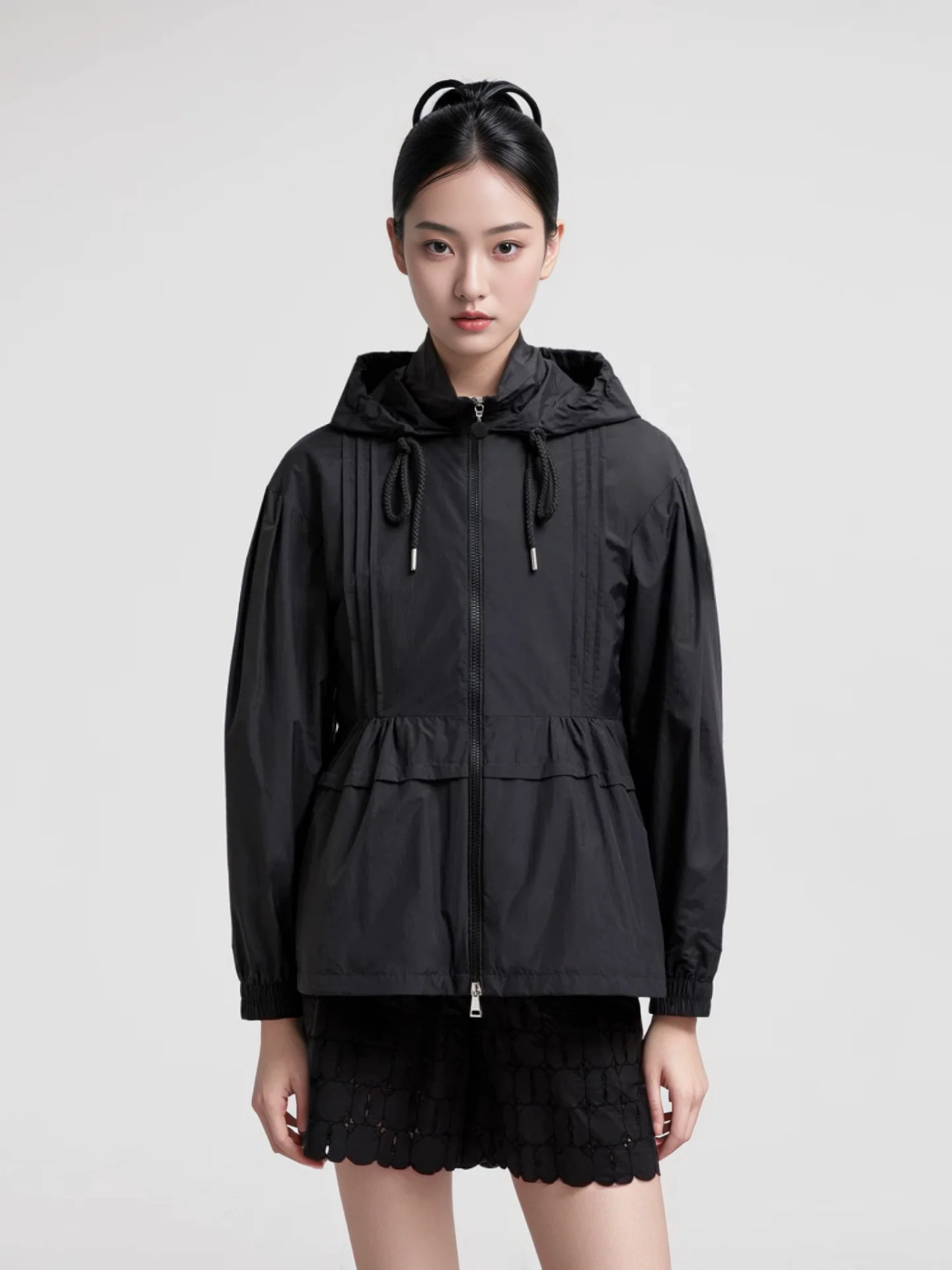Women's Casual Hooded Sun Protection Clothing Drawstring Cuff Stand Collar Skirt Hem Pleated Cover Butt Professional Lightwei...