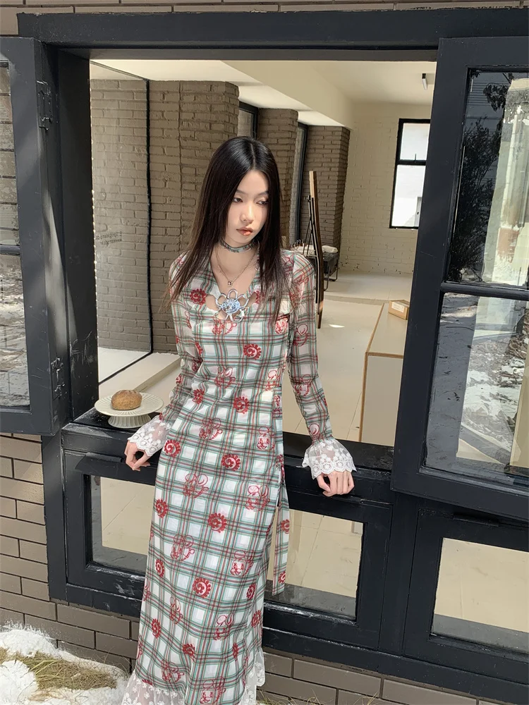 CHEERART Vintage Plaid Floral Jacquard Long Sleeve Dress 2024 Women Lace V Neck A Line Ladies Knee Length Dress Autumn Clothing