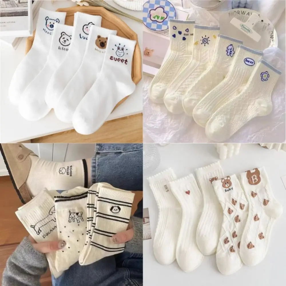10 Pairs Breathable Women's Mid Length Socks Cartoon Pattern Cute Bear Ankle Socks Sweat Absorption Short Socks Spring