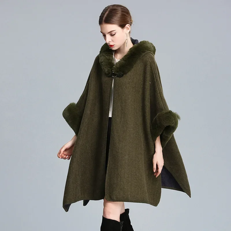 

10 Colors Winter Fashion Loose Poncho Outstreet Long Cardigan Coat Warm Cloak Women Big Pendulum Capes With Faux Rabbit Fur Hat