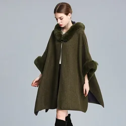 10 Colors Winter Fashion Loose Poncho Outstreet Long Cardigan Coat Warm Cloak Women Big Pendulum Capes With Faux Rabbit Fur Hat
