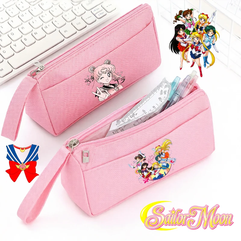 

SailorsMoon Pink Pencil Case Girl's Simple Oxford Canvas Double Layer Multi-capacity Back School Pencil Bag Kids Cute Anime Case