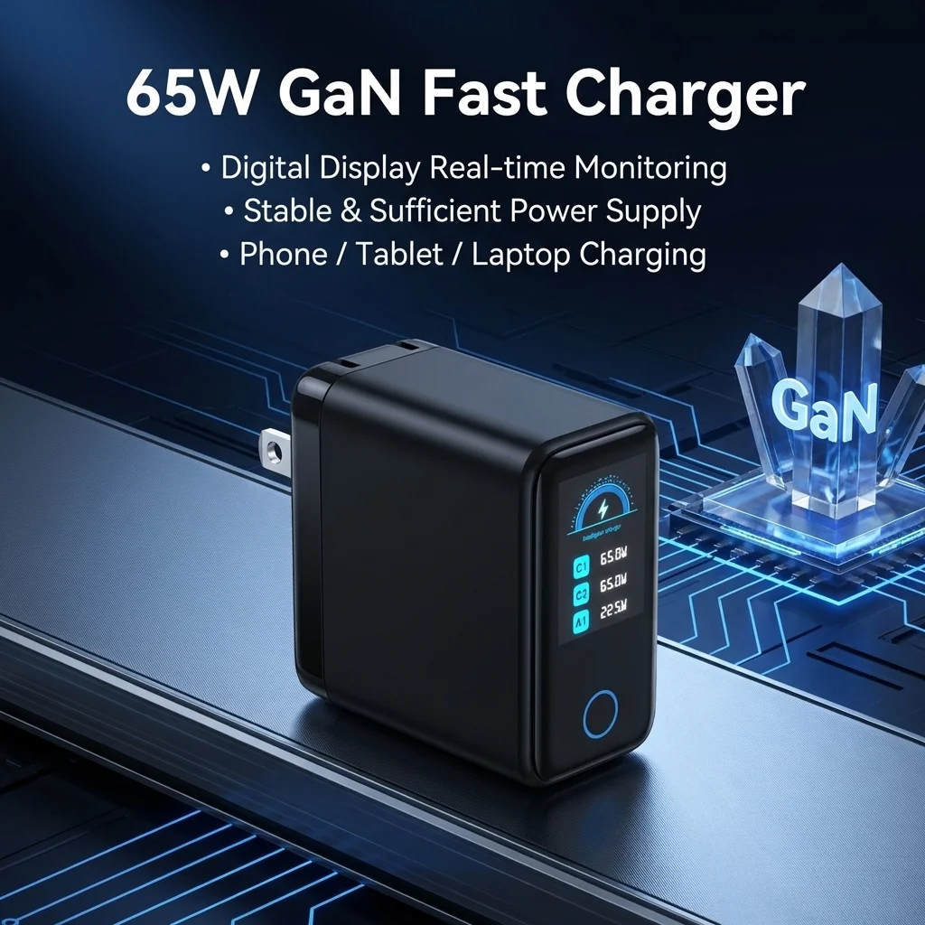 

65W PD3.0 GaN Wall Charger with LCD Screen, Fast Charging Station for Laptop, iPhone 17, Samsung, iPad – Digital Display