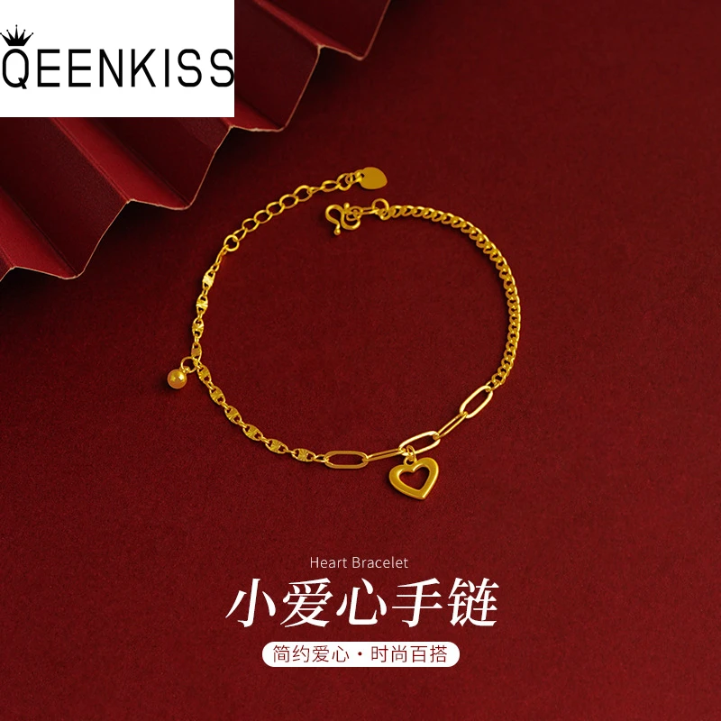 

QEENKISS 24KT Gold Love Heart Chain Bracelet For Women Fine Wholesale Jewelry Wedding Party Bride Ladies Girl Mother Gift BT5304