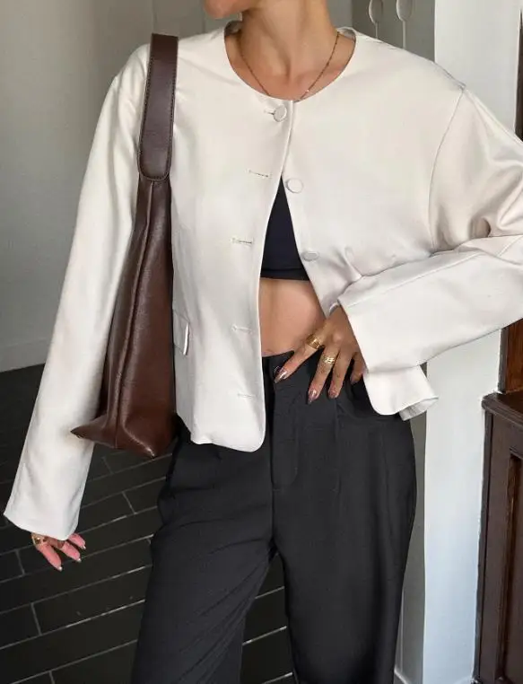 

Высококачественная однотонная куртка с длинными рукавами для отдыха и отпуска, осенняя однотонная однобортная куртка с круглым вырезом, облегающая простая однобортная куртка