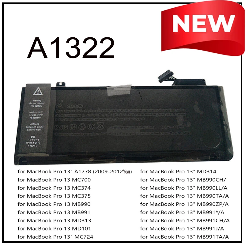 

A1322 A1278 Replacement Li-ion Laptop Battery for Apple MacBook Pro 13-inch A1278 2009-2012 Pro 13 MC700 MC374 MC375 MB990 MD313