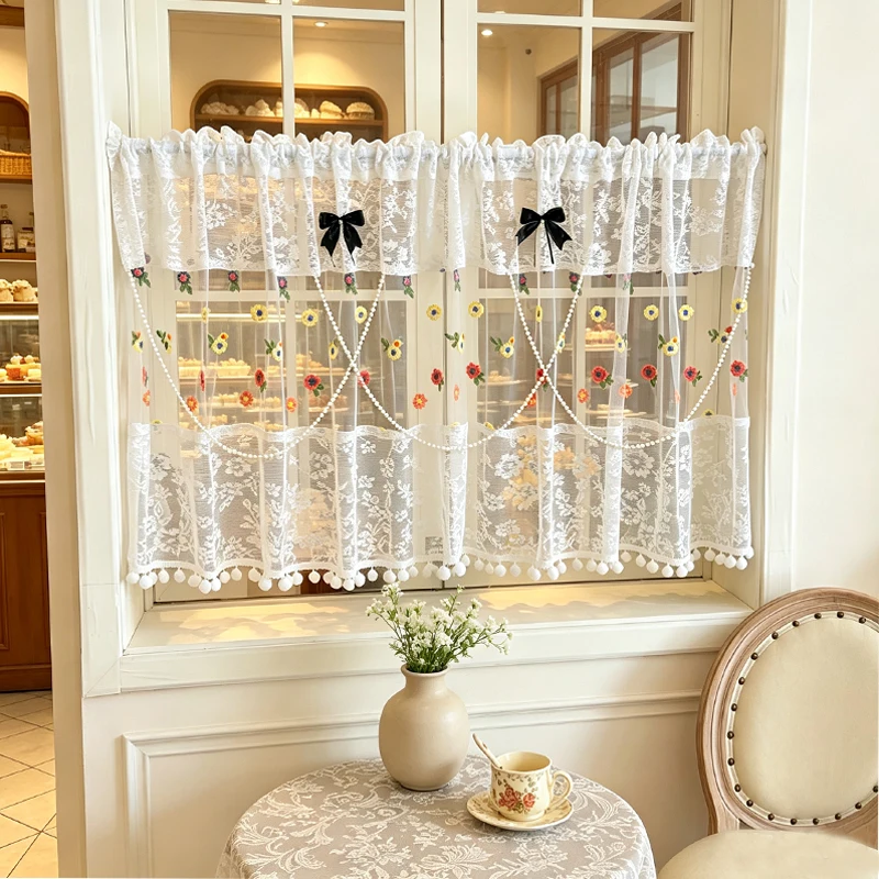1pc Farmhouse Spliced Short Sheer Curtain, Multicolor Flower Embroidery, Bow Pearl Chain & Pom‑pom Fringe for Small Window Decor