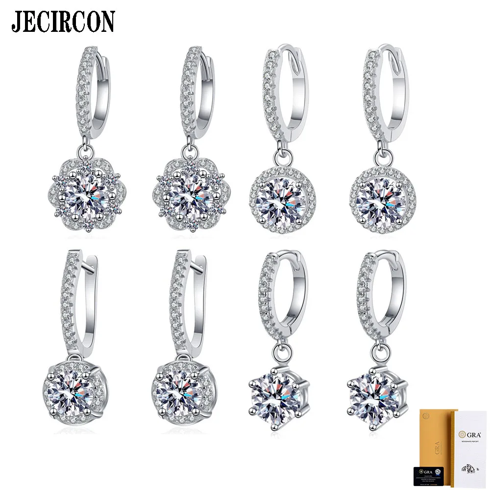 

JECIRCON S925 Sterling Silver Drop Earrings for Women Plated PT950 Round 1ct Moissanite Ear Pendanta Classic Versatile Jewelry