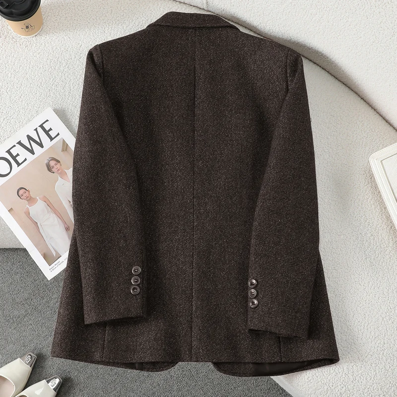 Coffee-colored Wool Blazer for Women, Plus-Size, Thickened Top, Plus Size, High Quality, 2022 Autumn and Winter