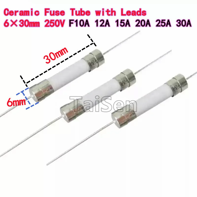 10PCS Ceramic Fuse Tube with Leads 6×30mm Fast-Acting F8A 10A 12A 15A 20A 25A 30AL 250V Fast blow