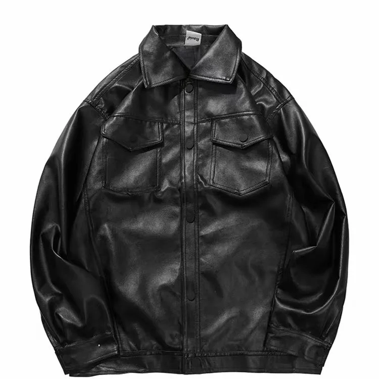 Leather Jacket Men\'s Lapel Single-breasted Loose Tops Men Clothing Slim Jacket Black Retro Casual Spring and Autumn Men Coats