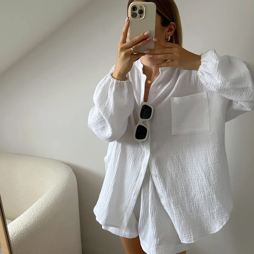 

Summer 100% Pure Cotton White Pajamas Loose Casual Comfortable Breathable Ladies Home Wear 2pcs Set Home Clothes