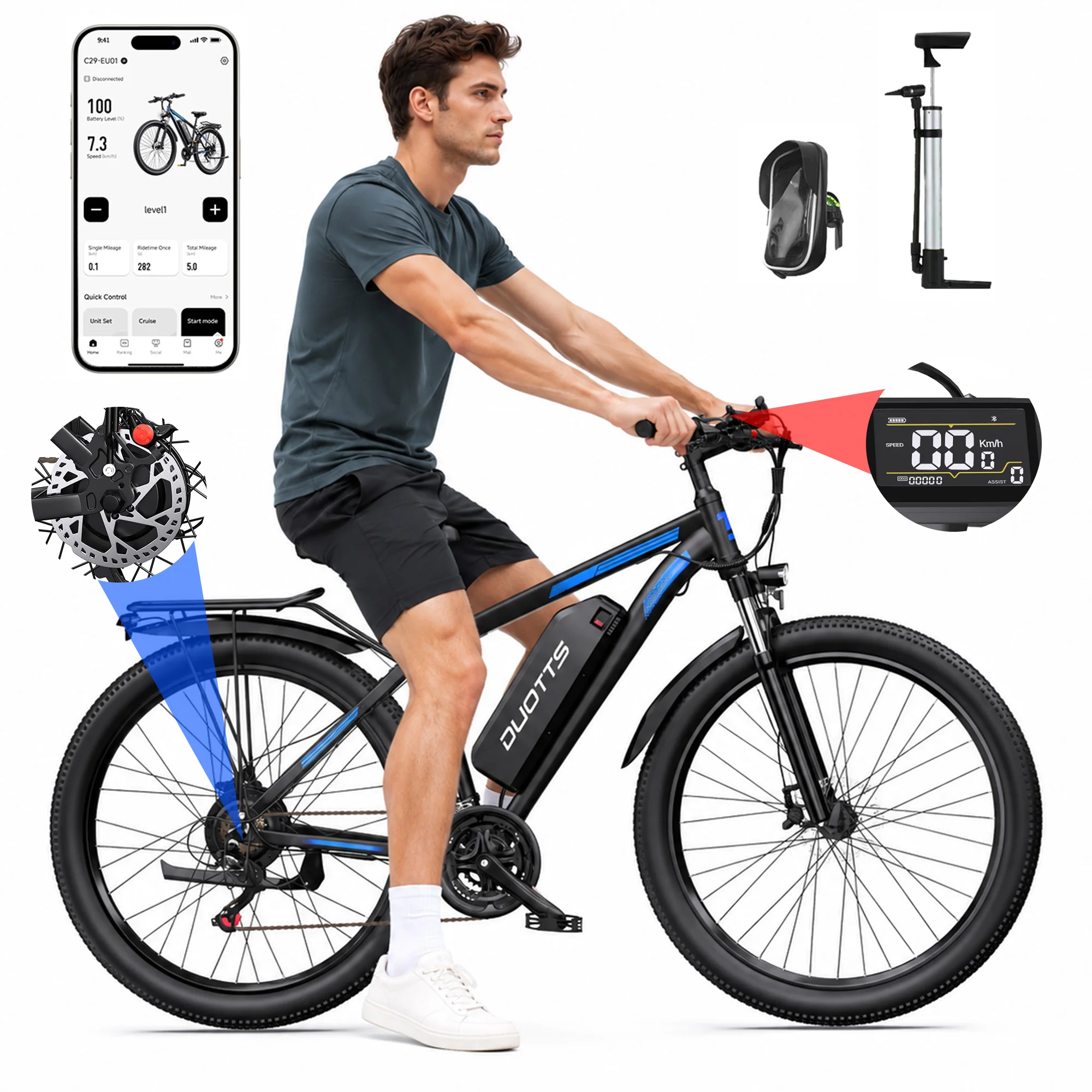 Vélo de montagne électrique DUOTTS C29M, 27,5 pouces, 250 W, batterie 48 V 15 Ah, capacité de montée de 30 degrés, freins hydrauliques, vélo électrique avec selle réglable.