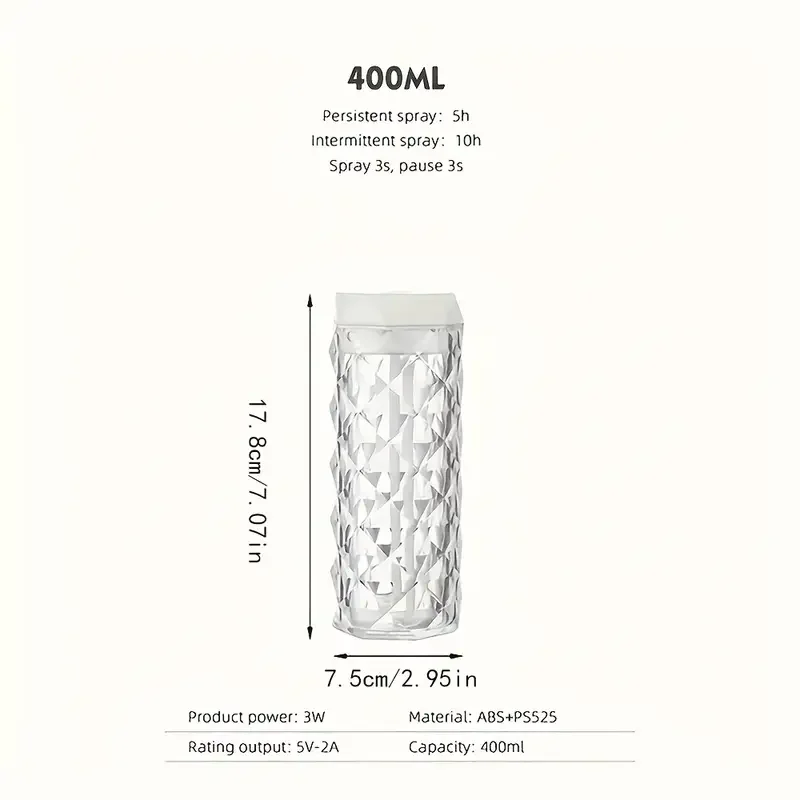 Crystal Night Light Air Humidifier Colorful LED, USB-Powered 400ML/100mL Capacity Light for Bedrooms, Offices, Desktop Light