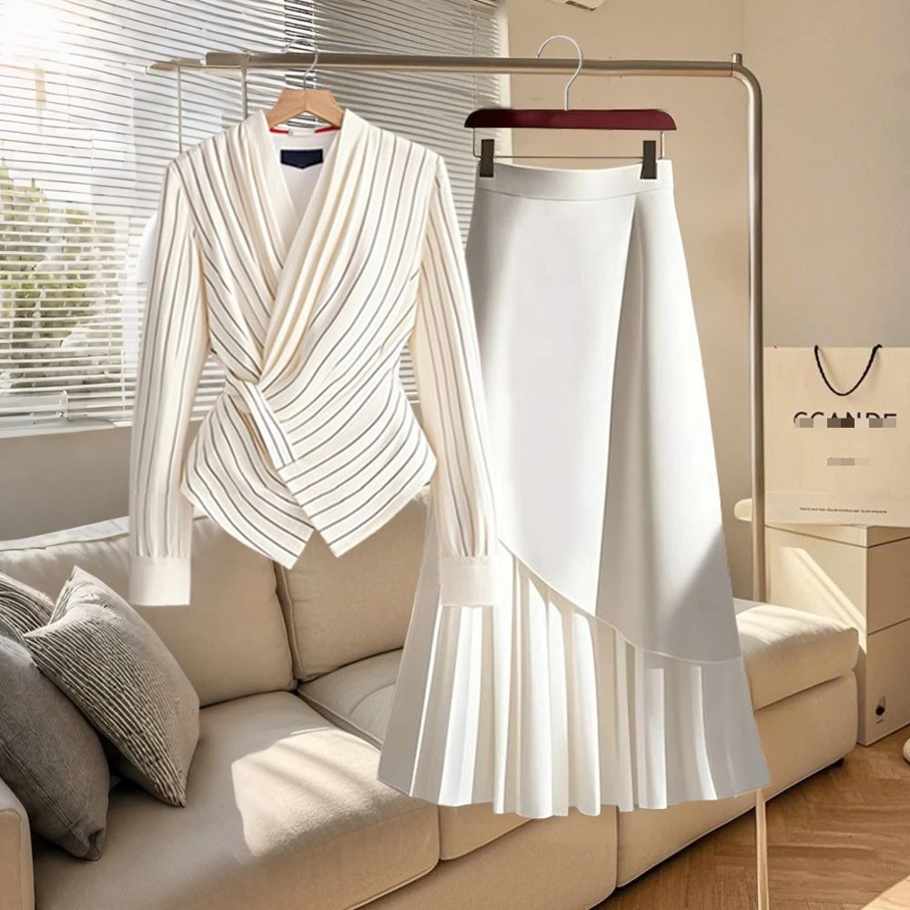 

Insozkdg Spring/Autumn High End Commuting Style Slim Fit V-neck Stripe Shirt A-line Long Skirt Set Two Piece Set Women Outfits