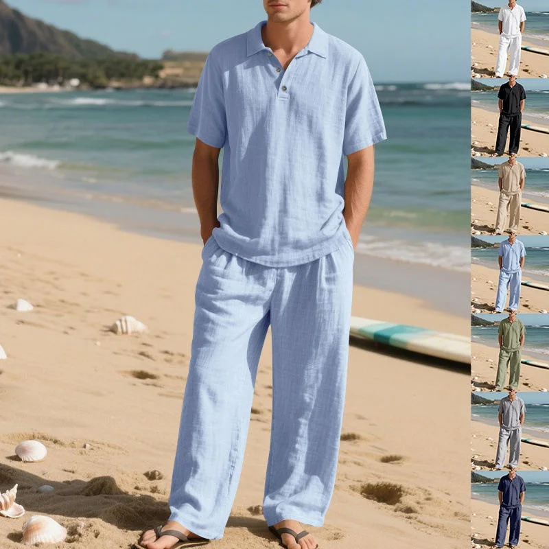 

Мужской льняной пляжный комплект в американском стиле: рубашка с отложным воротником и длинные брюки для лета и осени