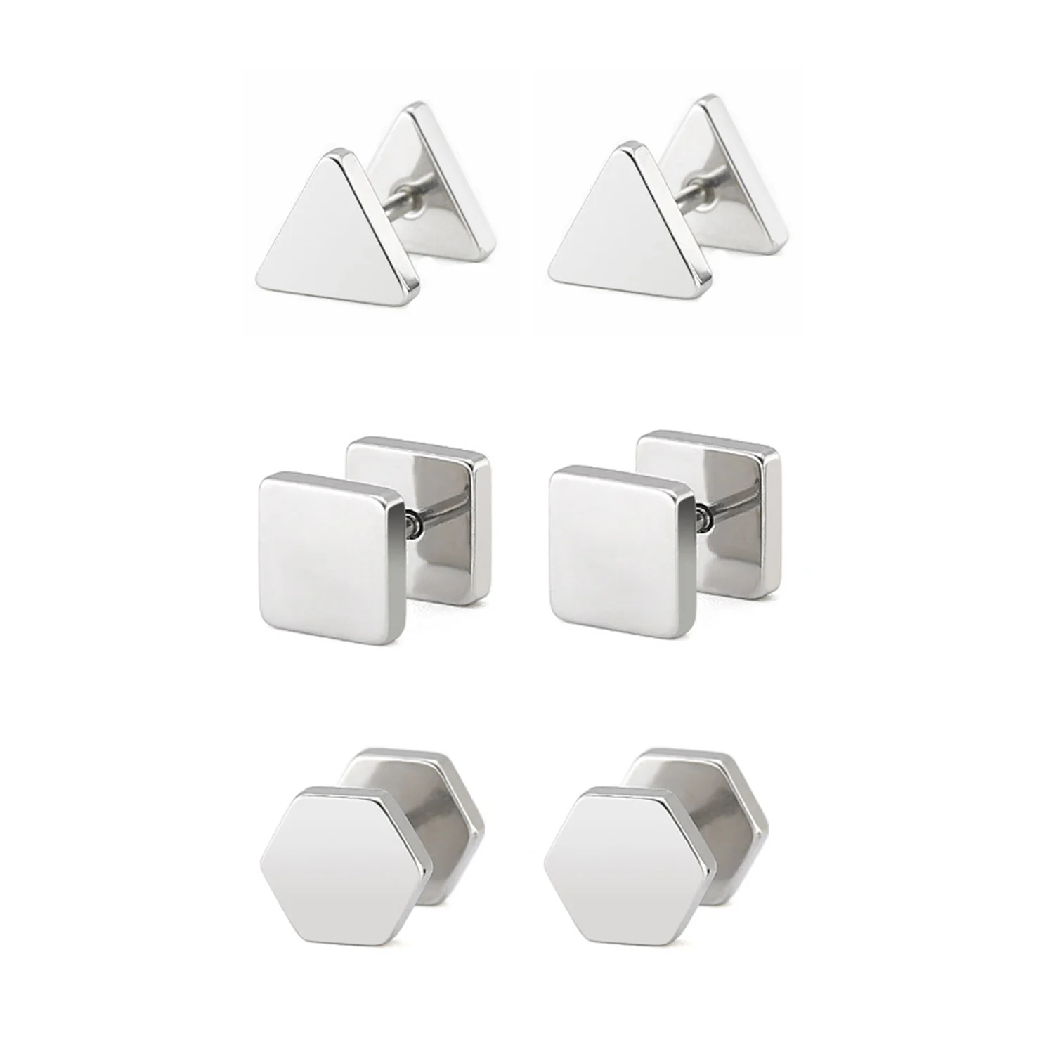 Set of 3 Pairs 6/8/10MM Unisex Hip Hop Geometrical Triangle Square Hexagram Stud Earrings Pierced Gauges Tunnel Cheater Ear Plug