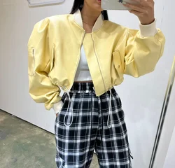 Temperament Jackets Women's Clothes Stand Drawstring Y2k Crop Tops 2023 Ropa Mujer Harajuku Fashion Vintage Leather PU Coat