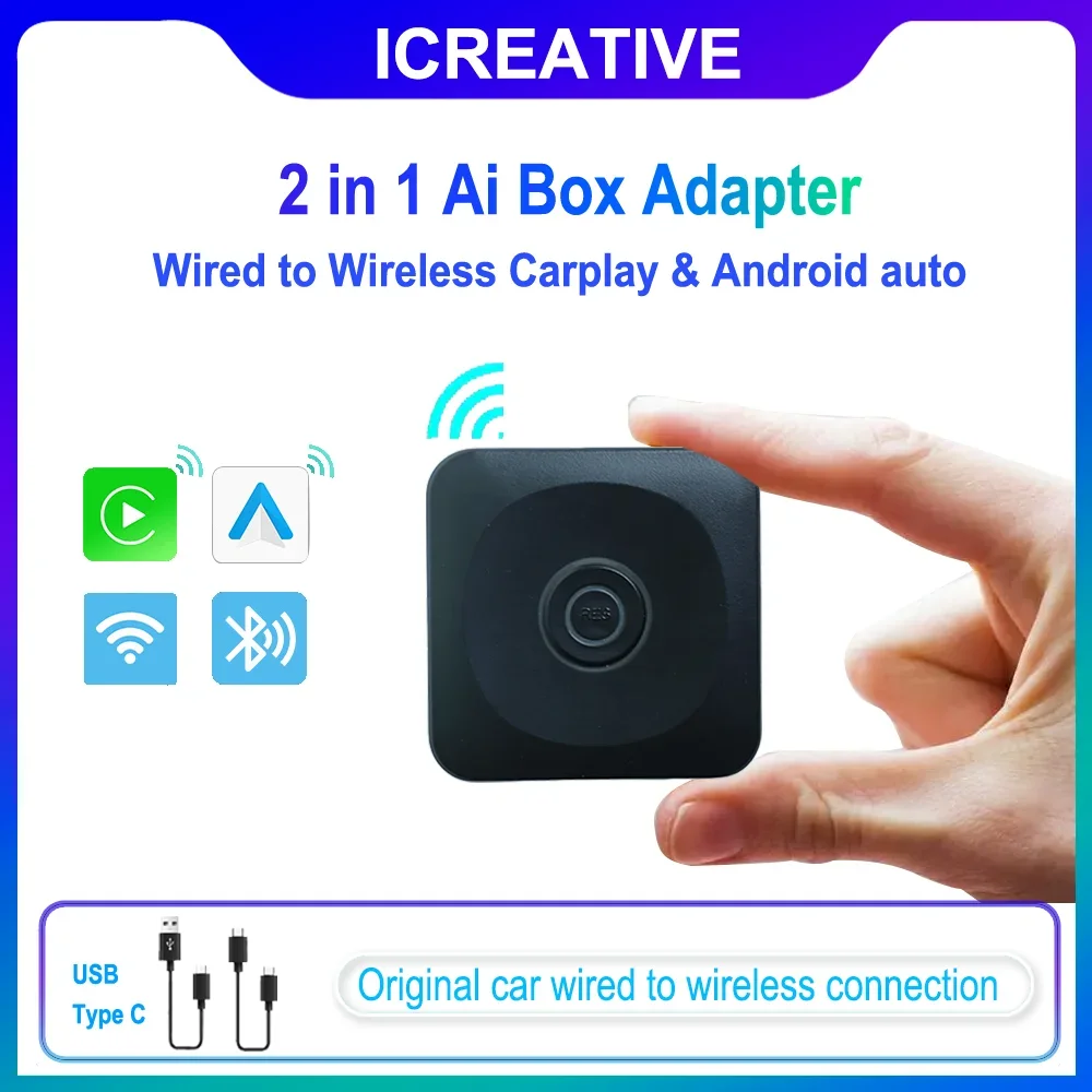 For Apple CarPlay Wireless Adapter 2in1 Android Auto Dongle USB and Type C, for Car Radio OEM CarPlay Wired To Wireless Connect