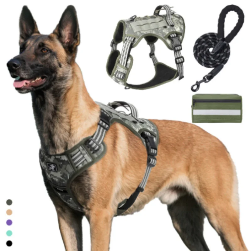 Tactical Dog Harness Leash Set 3M, No-Pull Reflective Vest with Handle, Molle Pack Backpack for Medium Large Dogs