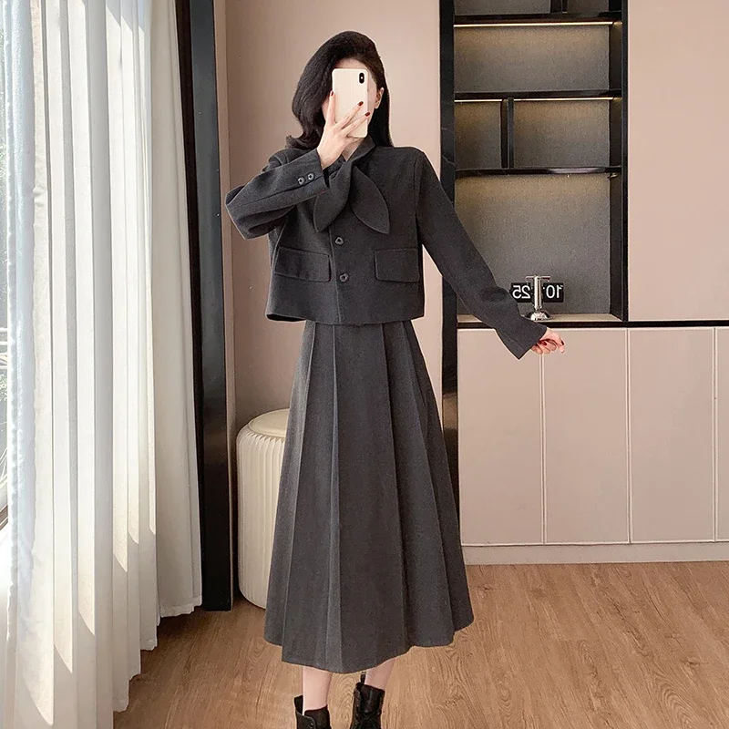 Mid-length Pleated Skirt Wool Padded Classic Style Skirt Set for Women Female Ladies Winter Bow-tie Thickened Coat and Skirt