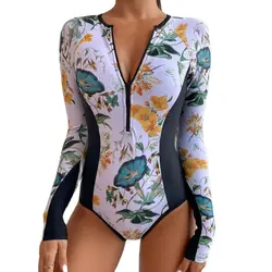 One-Piece Swimsuit For Sports Surfing Long Sleeve Swimwear 2024 New Women's Bodysuit Swimming Bathing Suit Beachwear Pool Bather