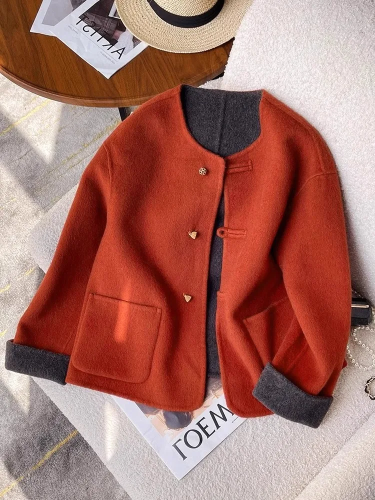 

Red National Sle Coat Button round Ne Woolen Outerwear Women's Autumn Winter High End Retro Warm Woolen Top