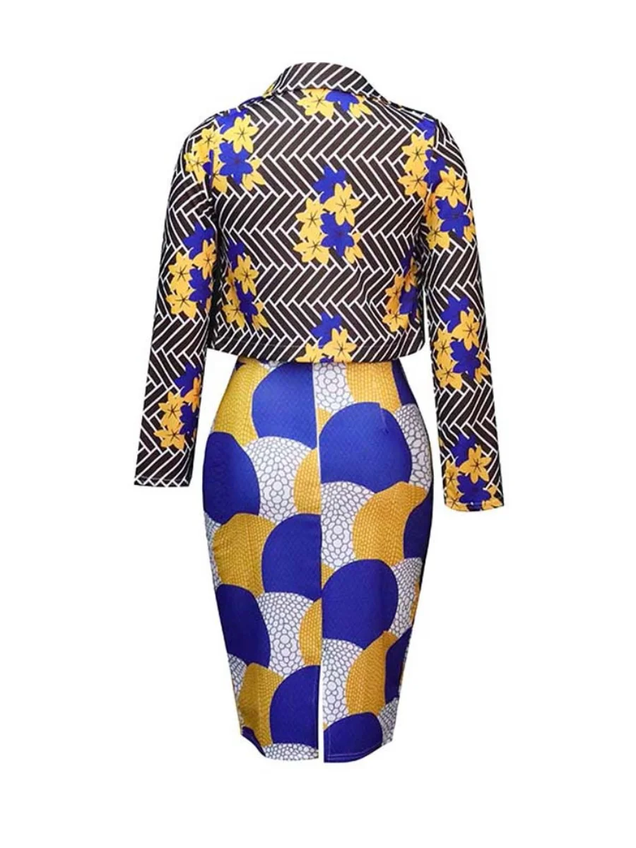 LW Plus Size Geometric Print Patchwork Blazer Skirt Set Autumn Elegant Long Sleeve Lapel Neck Skinny 2 Piece Sets Women Outfit