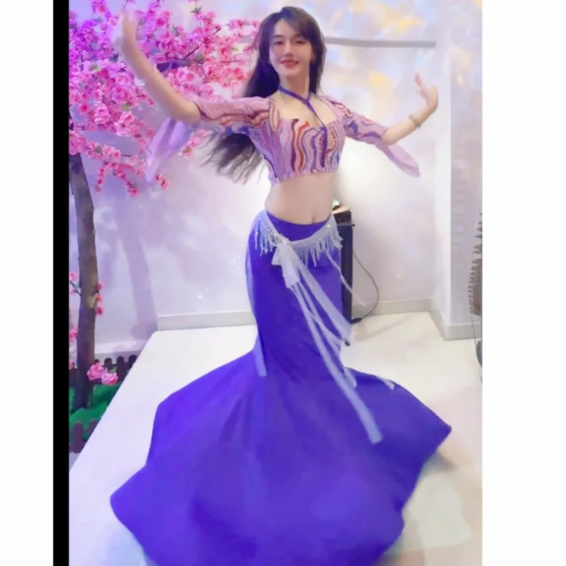 

New BellyDance Performance Set Women's Long Sleeve Striped Top+Sexy FishTail Long Skirt 2pcs Oriental Dance Training Clothes