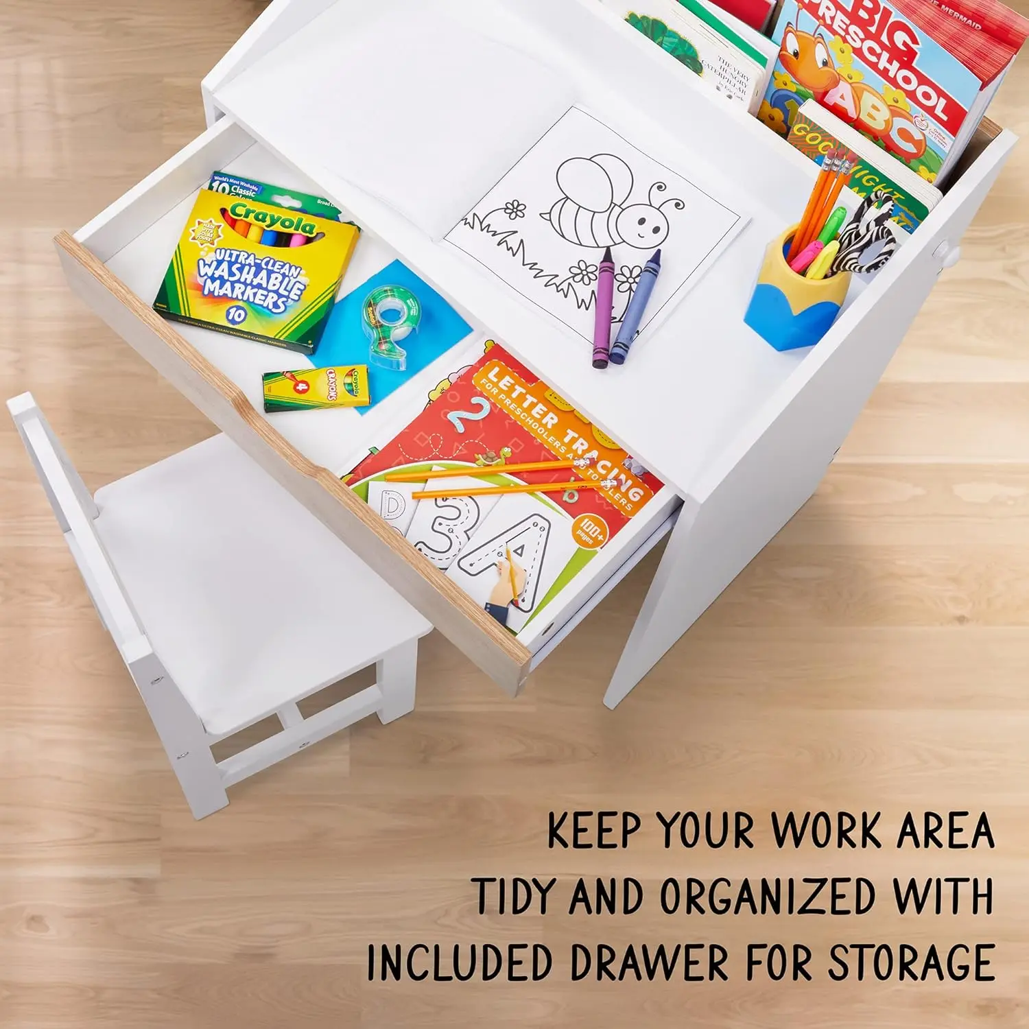 Home School Learning Workstation with Writing Table, Storage Drawer, Tabletop Organizer & Hanging Hooks for Children Studying, R