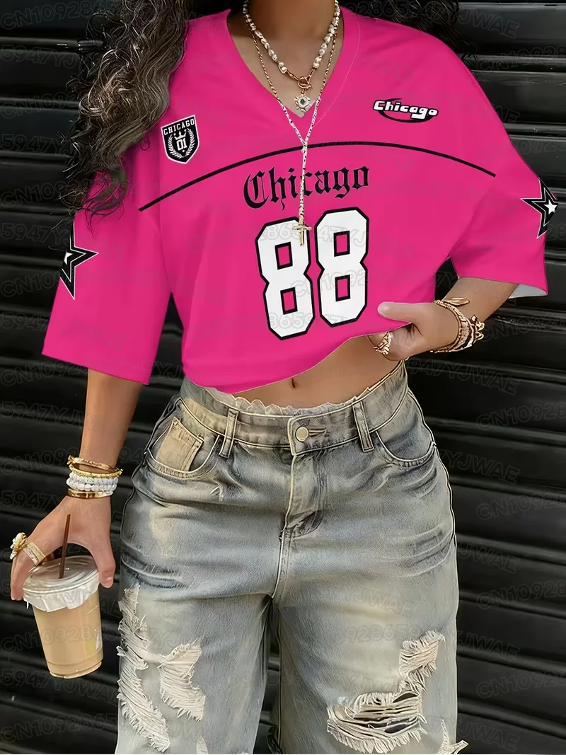 Women's Chicago Print V-Neck Cheerleading Jersey Casual Wear Varsity Style Crop Top Athletic Teams Tops
