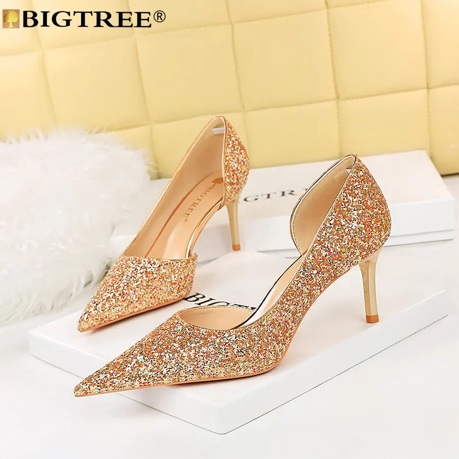 

BIGTREE High Heels Women Pumps Evening Party Bling Pointed Toe Metal Decoration 7CM Thin Heels Korean Style Party Women Shoes