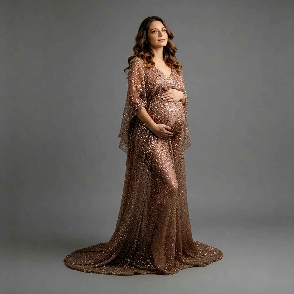 

Shiny Glitter Deep V Neck Maternity Photoshoot Dress for Women Gown Elegant Pregnancy Photography Dress Custom Couture Robe