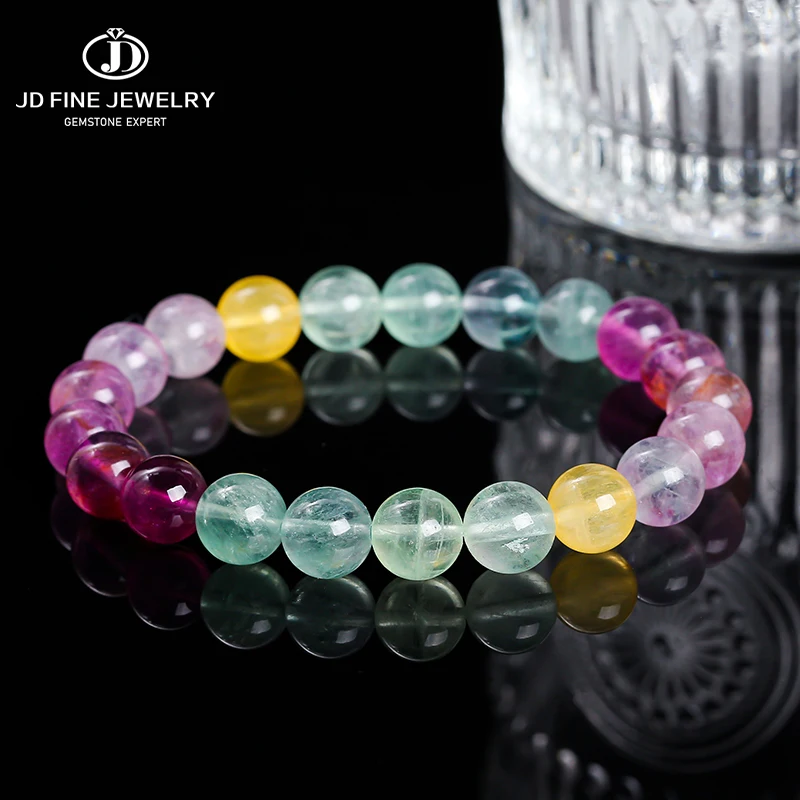 JD 5A Natural Stone Muticolor Rainbow Fluorite Bead Bracelet Women Reiki Healing Lucky Stretchy Mala Bangles Crystal Jewelry