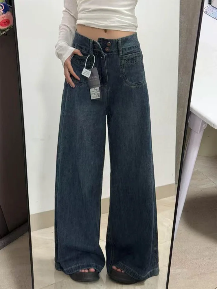 ارتفاع الخصر واسعة الساق الجينز المرأة مستقيم قطع الدنيم السراويل الخريف فضفاضة تناسب التخسيس بنطلون للكمثرى aped الجسم خمر Sle