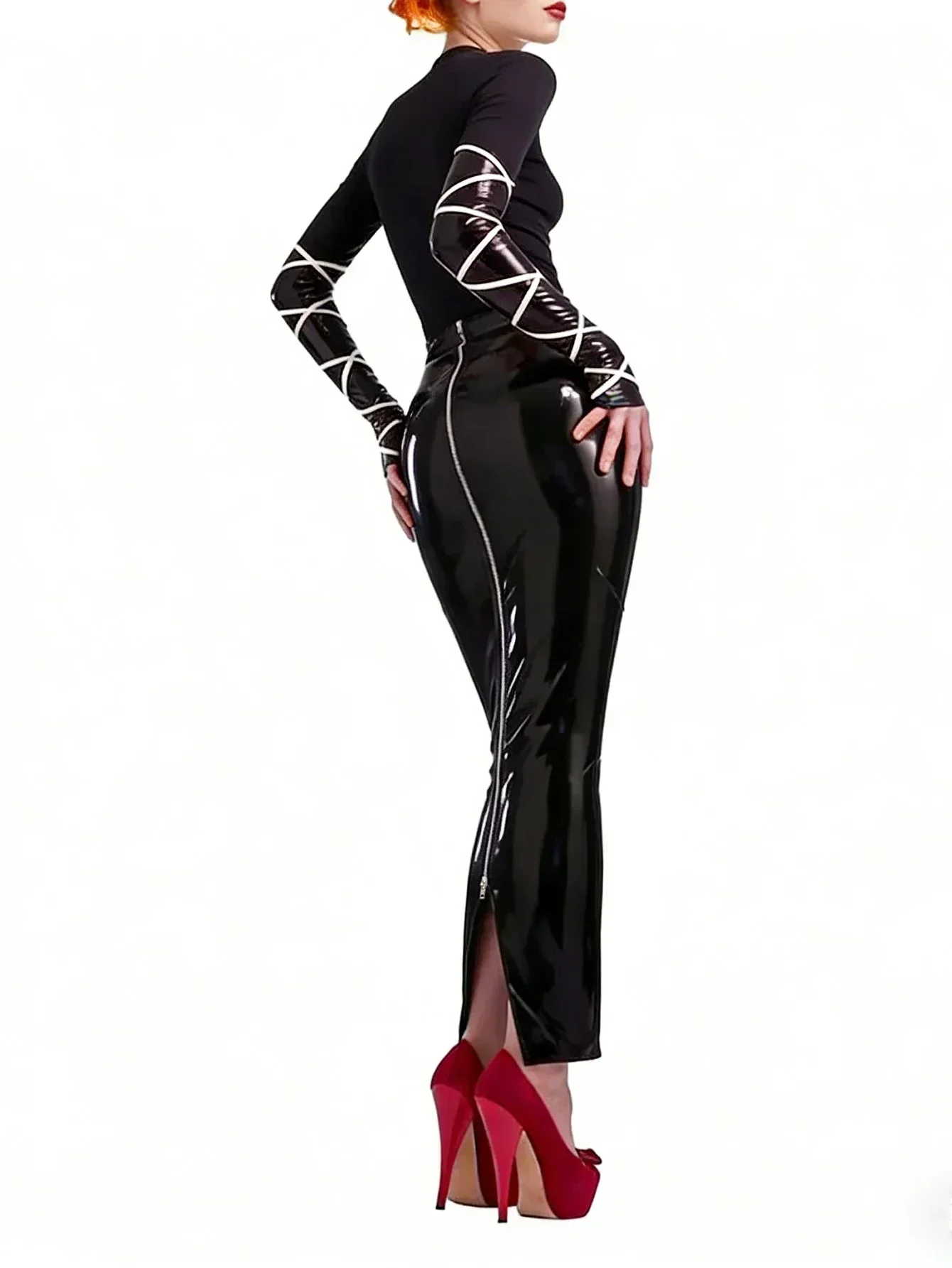 Sexy schwarzer, glänzender Latex-Bleistiftrock mit hoher Taille, figurbetonter, langer Maxi-Rock mit Reißverschluss hinten und seitlichem Schlitz, PVC-Clubwear für Damen, Party, Nachtclub – Detail 3