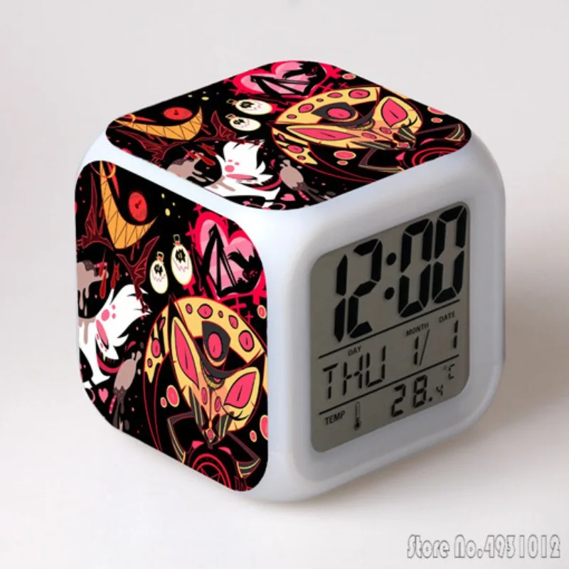 Anime Cartoon Hazbin Hotel Hell Inn Alarm Clock Creative Student 8x8x8cm LED Cube with Colorful Light Display Time Week Month