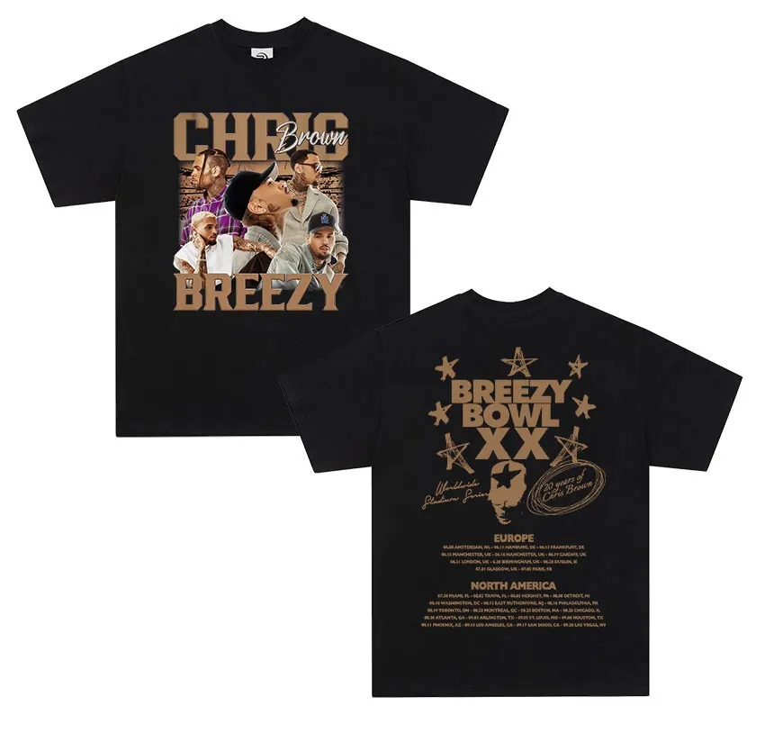 

Chris Brown Breezy Bowl XX Tour 2025 Vintage Fashion Hip-hop Harajuku Super Large Summer Print 100% Pure Cotton Short Sleeve