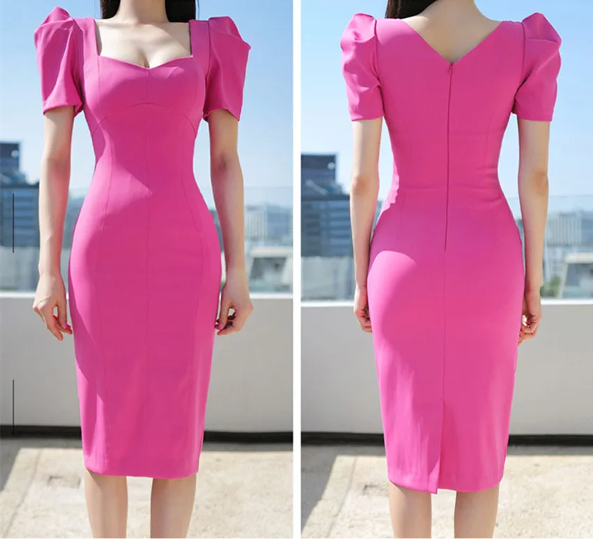 2023 Summer New Korean Temperament Elegant Women Square Collar Puff Sleeve Pencil Office Chic Casual Holiday Dresses