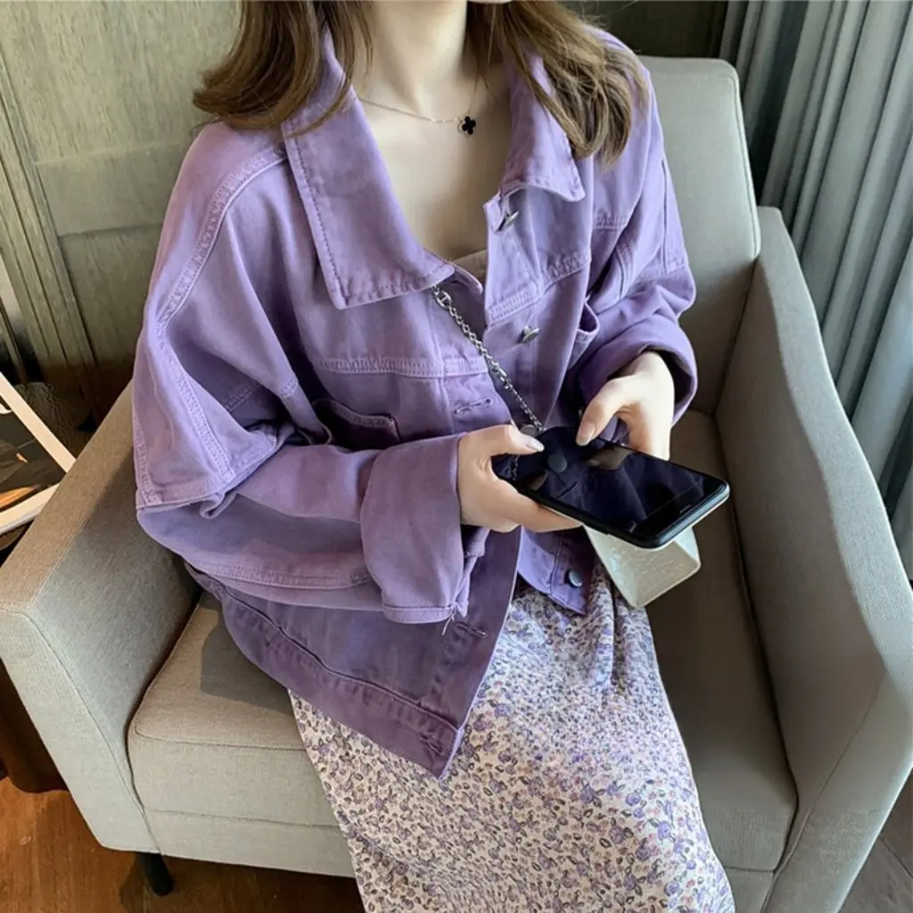 

Women's Purple Denim Short Jacket European Station Small Loose Slimming Style Korean Casual Spring Autumn