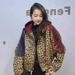 Leopard Printed Women Jackets Casual Loose Cartoon Pattern Diamonds Zipper Hooded Cardigan Waistcoat Куртка Женская С Капюшоном