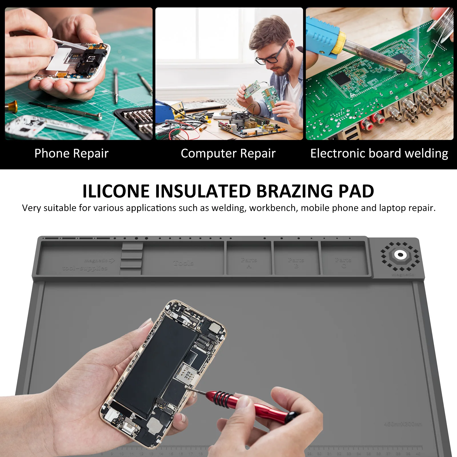 Silicone Repair Pad 932°F Heat-Resistant Soldering Mat Waterproof Electronic Repair Work Mat with Magnetic and Part Area