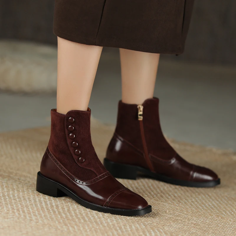 Hot Square Toe Women Boots Winter Rivet Buckle ZIP Brogues Retro Short Boots Thick Heel Ankle Boots Fashion Flock Women Shoes